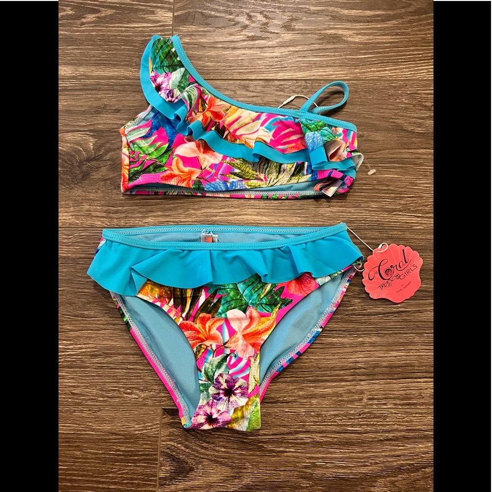 BNWT Coral Tropics by Apollo Swimwear, Girls Sz 8 Tropical Bikini With Ruffles👙